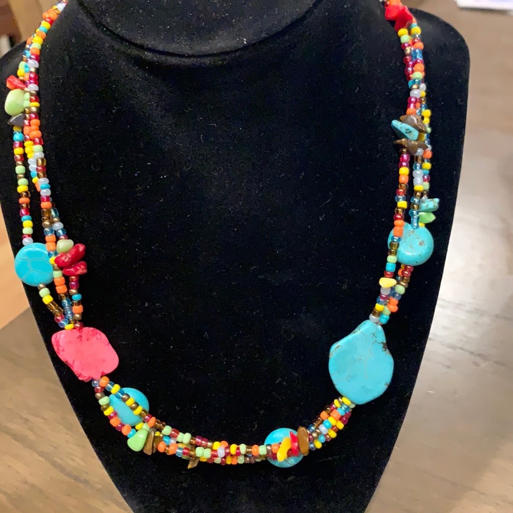 Turquoise chunk necklace with multicolored beads